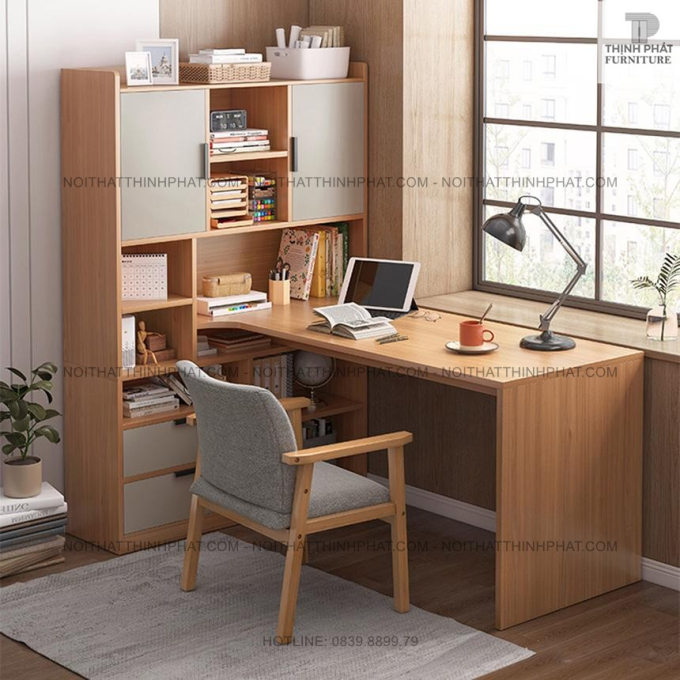 Bàn học chữ L có tủ sách đi kèm– Tối ưu không gian, tiện lợi lưu trữ BLV11