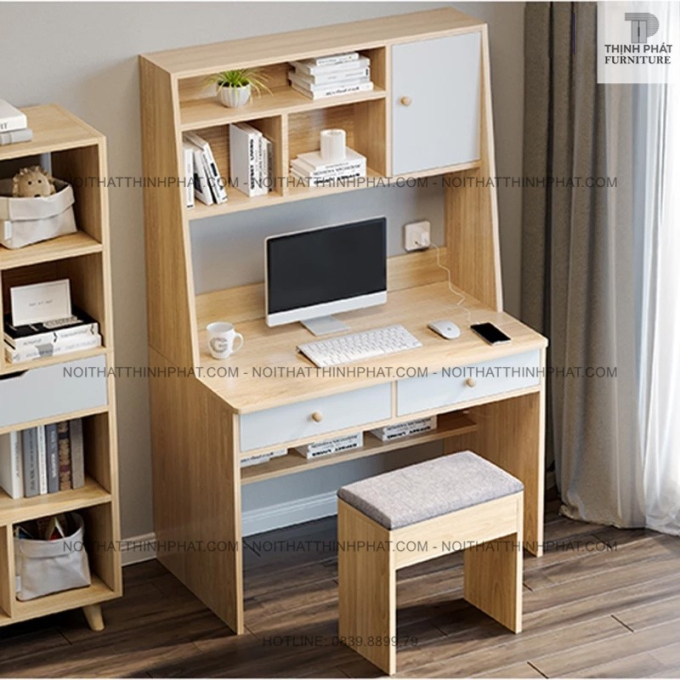 Bàn Học Có Kệ Sách, Ngăn Kéo – Gỗ Công Nghiệp Màu Vân Sồi BLV04