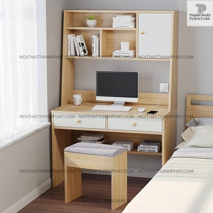 Bàn Học Có Kệ Sách, Ngăn Kéo – Gỗ Công Nghiệp Màu Vân Sồi BLV04