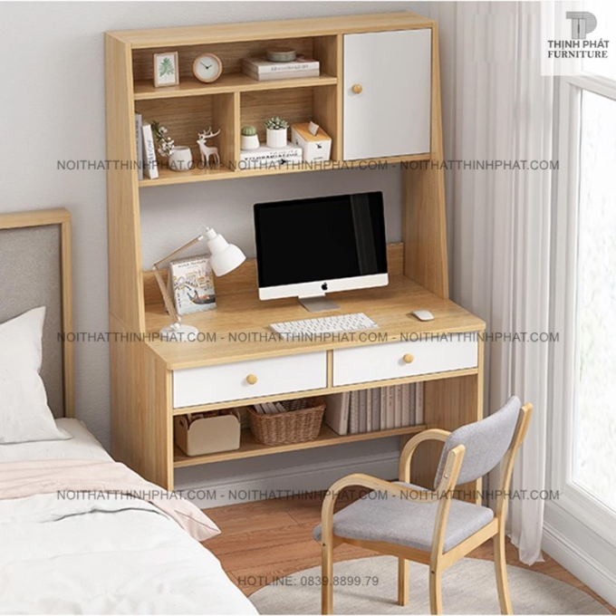 Bàn Học Có Kệ Sách, Ngăn Kéo – Gỗ Công Nghiệp Màu Vân Sồi BLV04