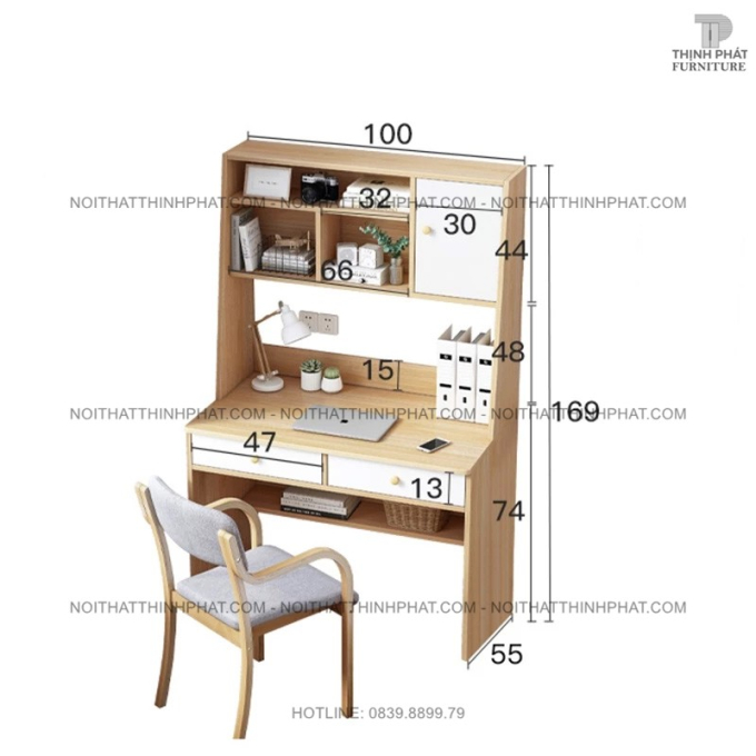 Bàn Học Có Kệ Sách, Ngăn Kéo – Gỗ Công Nghiệp Màu Vân Sồi BLV04