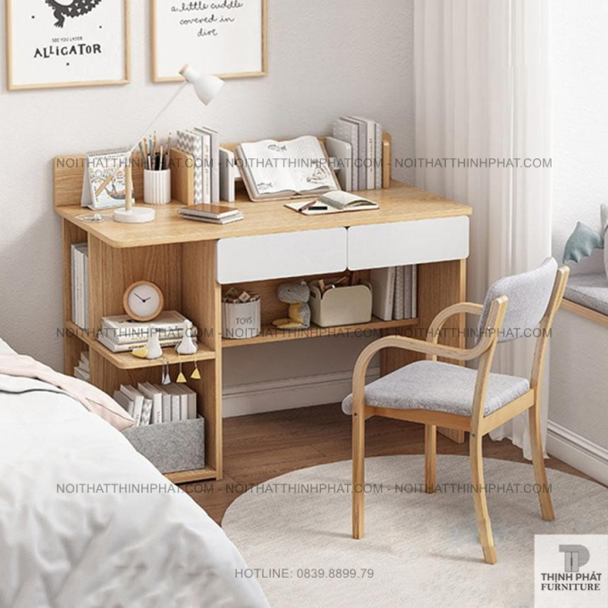 Bàn Học Gỗ 2 Ngăn Kéo Có Kệ Sách - Thiết Kế Tiết Kiệm Diện Tích BLV14