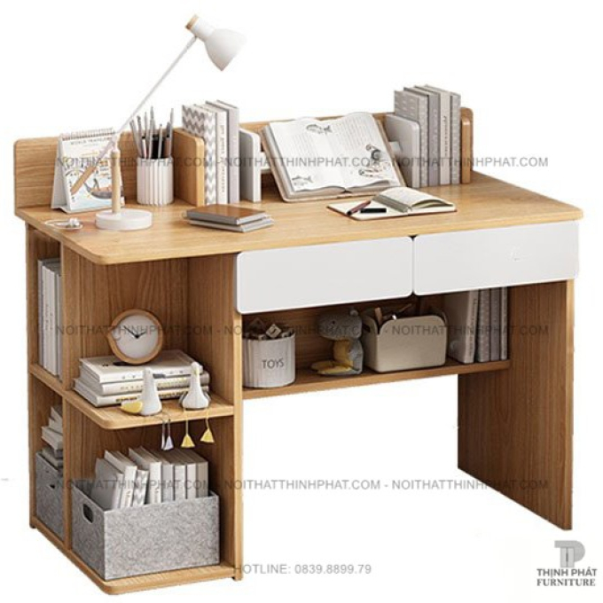 Bàn Học Gỗ 2 Ngăn Kéo Có Kệ Sách - Thiết Kế Tiết Kiệm Diện Tích BLV14