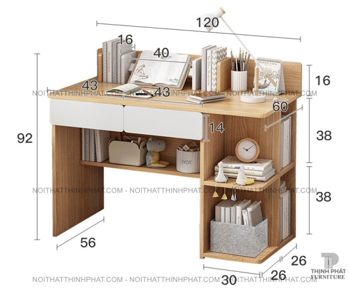 Bàn Học Gỗ 2 Ngăn Kéo Có Kệ Sách - Thiết Kế Tiết Kiệm Diện Tích BLV14