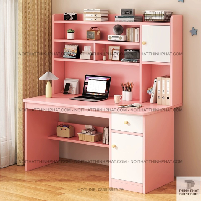 Bàn học gỗ MDF màu hồng có kệ sách và tủ ngăn kéo cho bé gái, thiết kế hiện đại BLV65