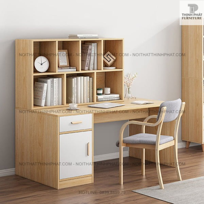 Bàn học sinh tích hợp giá sách tiện lợi (màu gỗ tự nhiên, có ngăn kéo và tủ cánh mở) BLV12