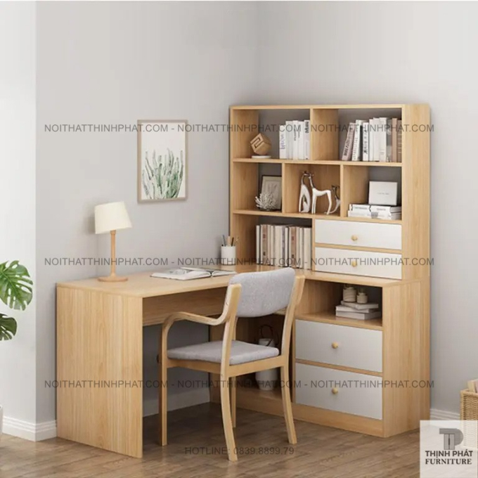 Bàn Làm Việc Đa Năng Góc Chữ L– Có Giá Sách & Tủ Lưu Trữ  BLV24