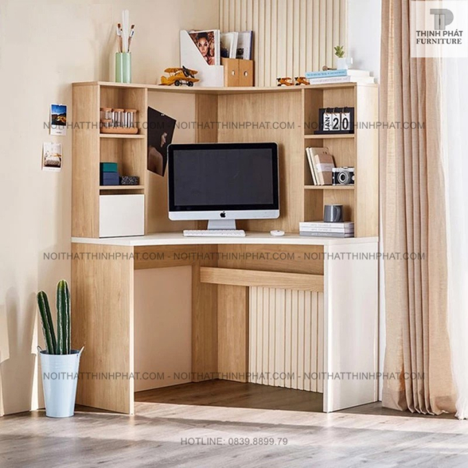 Bàn làm việc đặt góc tường – Kèm giá sách tiện dụng, phong cách Bắc Âu BLV08