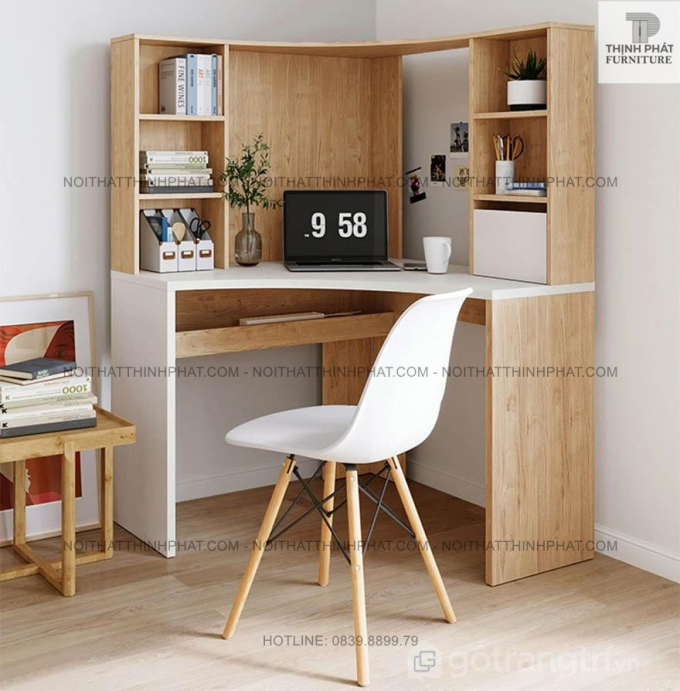 Bàn làm việc đặt góc tường – Kèm giá sách tiện dụng, phong cách Bắc Âu BLV08