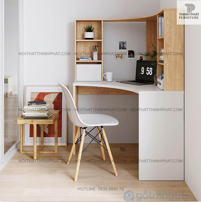 Bàn làm việc đặt góc tường – Kèm giá sách tiện dụng, phong cách Bắc Âu BLV08