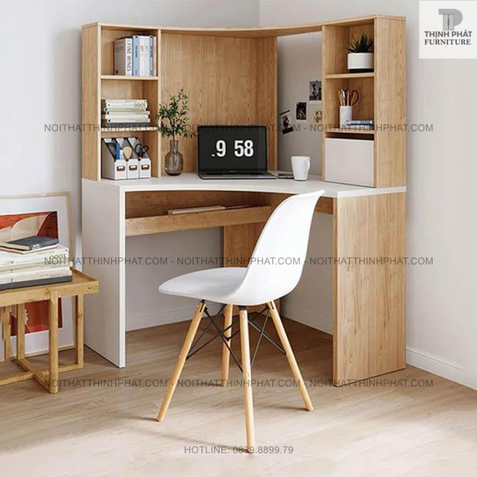 Bàn làm việc đặt góc tường – Kèm giá sách tiện dụng, phong cách Bắc Âu BLV08