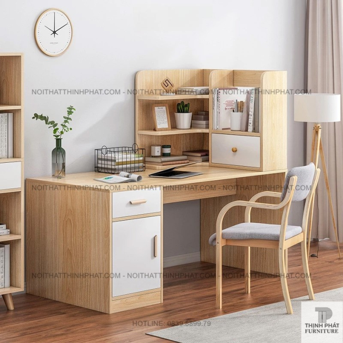 Bàn Làm Việc Gỗ Kiểu Bắc Âu Có Kệ Trang Trí Và Tủ Lưu Trữ – Thiết Kế Tối Ưu Không Gian BLV26