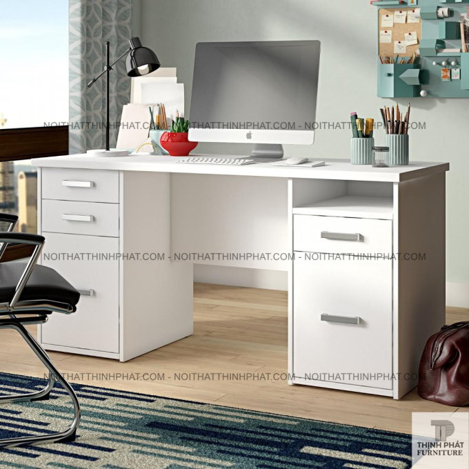 Bàn Làm Việc Gỗ MDF Trắng Dài, 2 Cụm Ngăn Kéo Tiện Lợi Cho Văn Phòng Hiện Đại BLV49