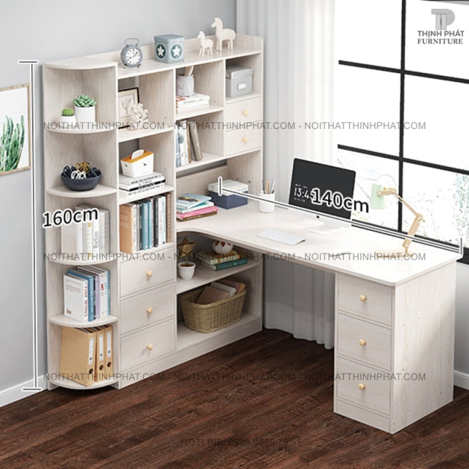 Bàn làm việc góc chữ L tích hợp giá sách và hộc kéo  BLV13