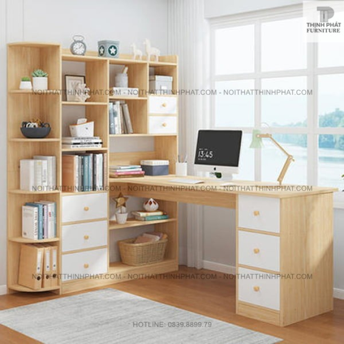 Bàn làm việc góc chữ L tích hợp giá sách và hộc kéo  BLV13