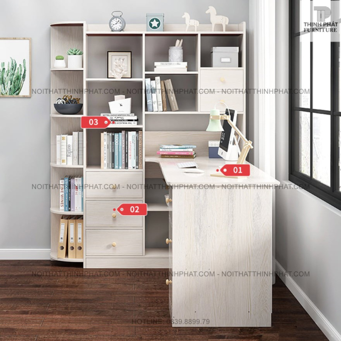 Bàn làm việc góc chữ L tích hợp giá sách và hộc kéo  BLV13