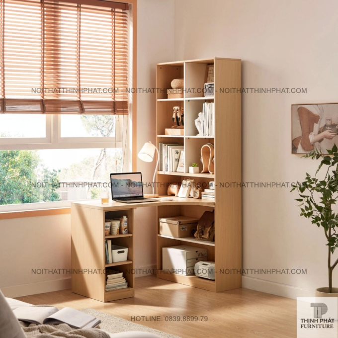 Bàn Làm Việc Kết Hợp Kệ Sách Góc Chữ L – Thiết Kế Tối Giản Hiện Đại BLV35