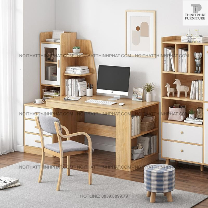 Bàn Làm Việc Liền Giá Sách Và Cửa Kính – Phong Cách Hiện Đại  BLV03