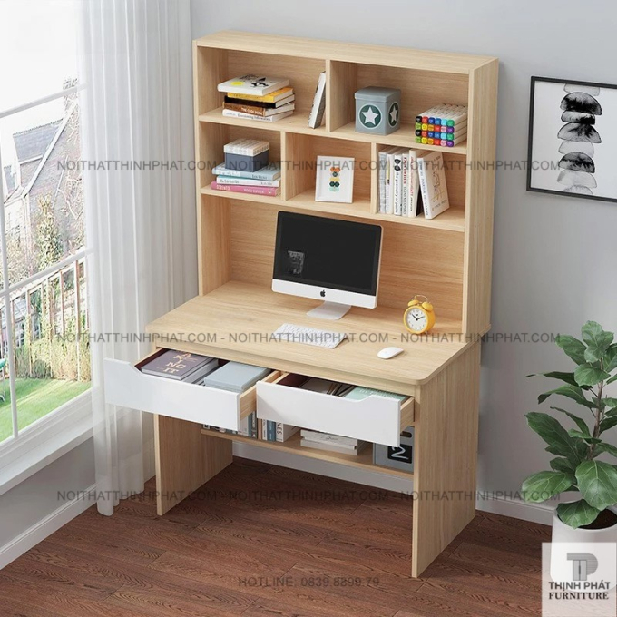 Bàn Làm Việc Tại Nhà Có Hộc Tủ Và Kệ Sách Trên – Tối Ưu Không Gian Nhỏ BLV29