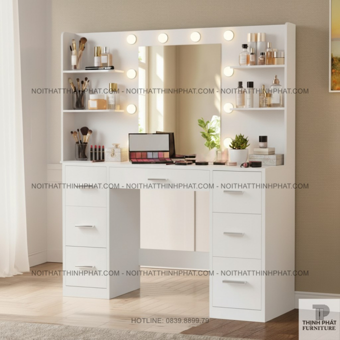 Bàn Trang Điểm Gương Gắn Bóng LED Hiện Đại, Kệ Hai Bên Và 6 Hộc Kéo Rộng Rãi BTD08