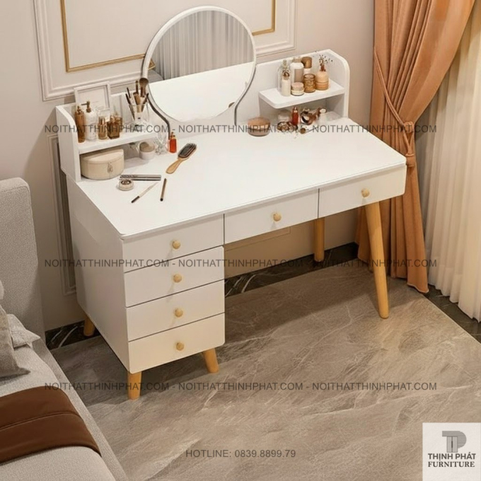 Bàn Trang Điểm Gương Tròn Nhiều Hộc Kéo Thiết Kế Đẹp, Thời Trang BTD05