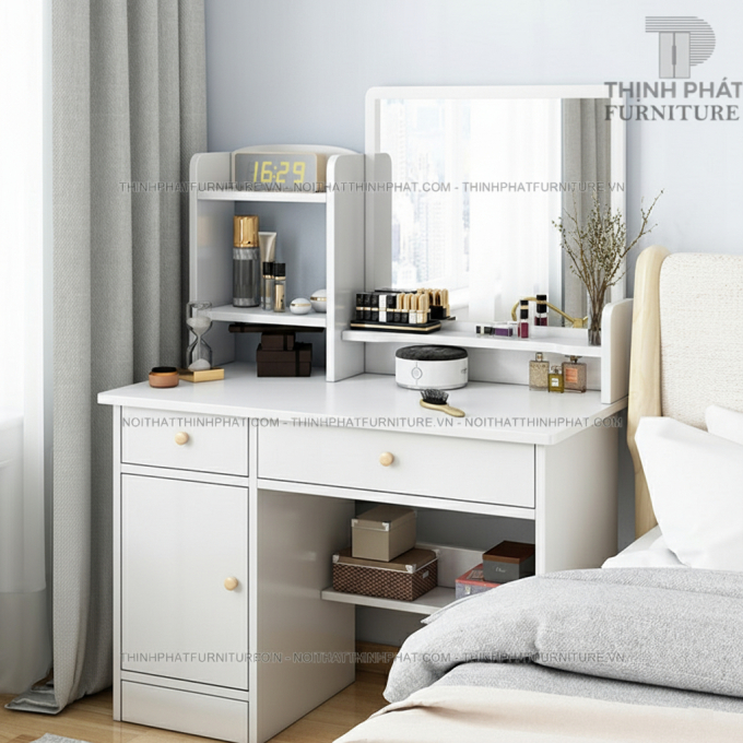 Bàn Trang Điểm Hiện Đại Màu Trắng Gương Đèn Led Cảm Ứng Kèm Ghế Nệm Cánh Bướm BTD03
