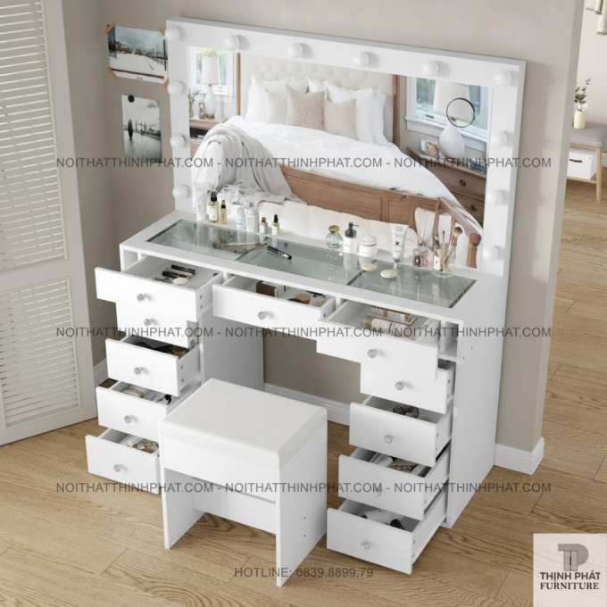 Bàn Trang Điểm Hollywood Gắn Bóng LED Trắng, Gương Lớn Và Hệ 11 Hộc Kéo Siêu Tiện Lợi BTD09