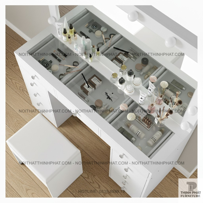 Bàn Trang Điểm Hollywood Gắn Bóng LED Trắng, Gương Lớn Và Hệ 11 Hộc Kéo Siêu Tiện Lợi BTD09