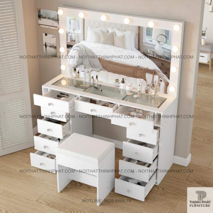Bàn Trang Điểm Hollywood Gắn Bóng LED Trắng, Gương Lớn Và Hệ 11 Hộc Kéo Siêu Tiện Lợi BTD09