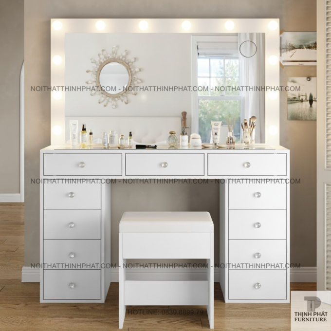 Bàn Trang Điểm Hollywood Gắn Bóng LED Trắng, Gương Lớn Và Hệ 11 Hộc Kéo Siêu Tiện Lợi BTD09