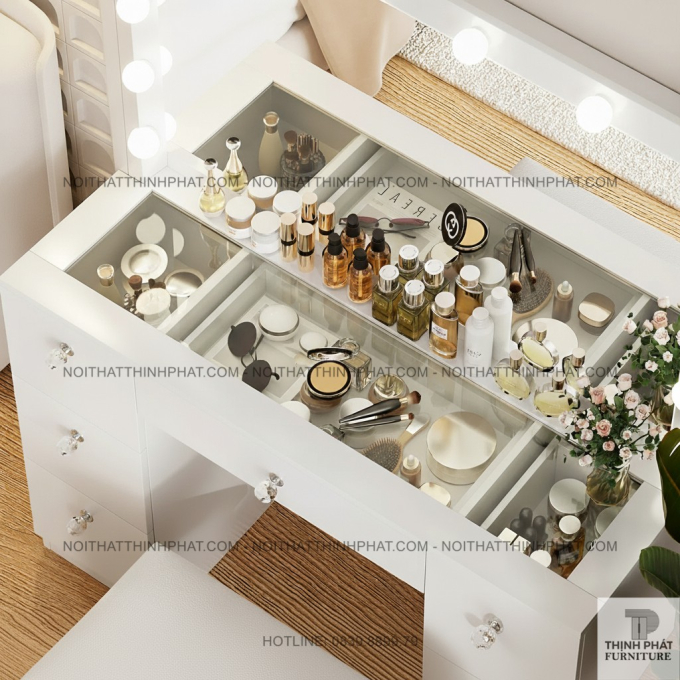 Bàn Trang Điểm Mặt Kính Cường Lực, Gương Gắn Bóng LED Sang Trọng, Màu Trắng BTD11