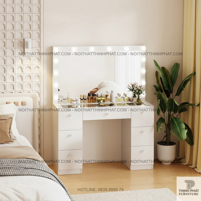 Bàn Trang Điểm Mặt Kính Cường Lực, Gương Gắn Bóng LED Sang Trọng, Màu Trắng BTD11