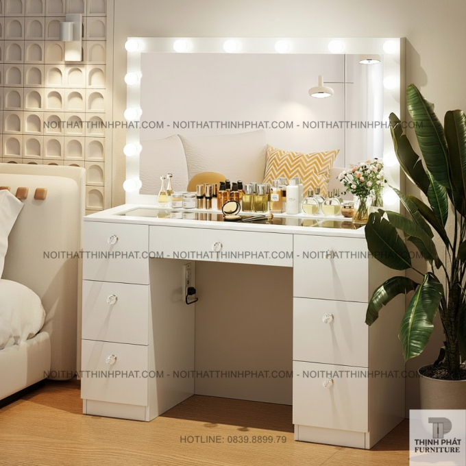 Bàn Trang Điểm Mặt Kính Cường Lực, Gương Gắn Bóng LED Sang Trọng, Màu Trắng BTD11