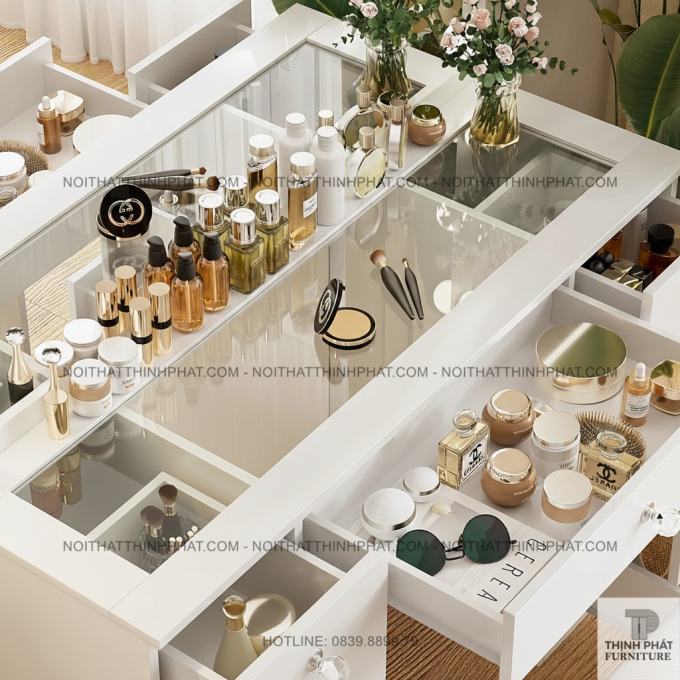 Bàn Trang Điểm Mặt Kính Cường Lực, Gương Gắn Bóng LED Sang Trọng, Màu Trắng BTD11