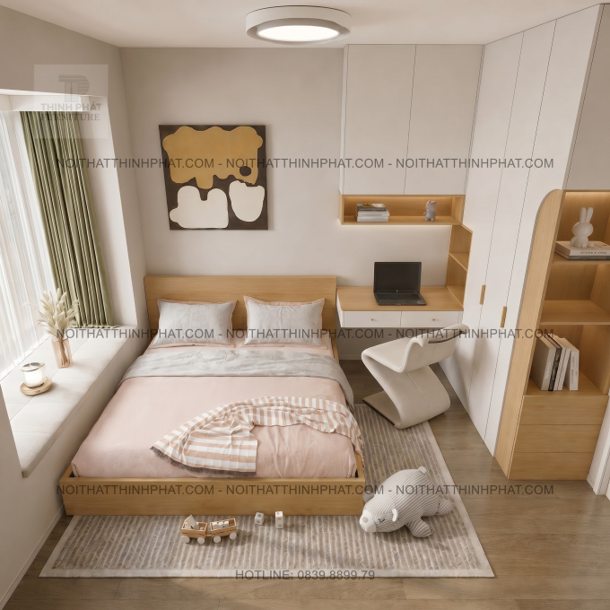 Combo Phòng Ngủ Hiện Đại Tone Trắng Gỗ Tối Giản Có Bàn Làm Việc Liền Tủ - PN01