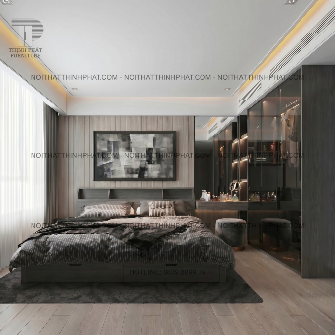 Combo Phòng Ngủ Hiện Đại Tone Xám Gỗ Sang Trọng Có Tủ Cánh Kính Khung Nhôm - PN04