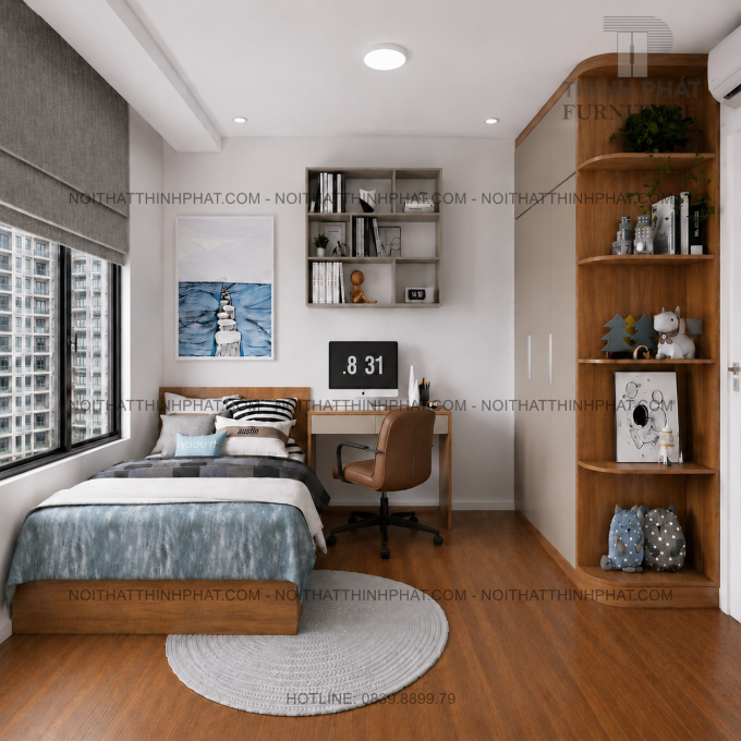 Combo Phòng Ngủ MDF Hiện Đại - Tủ Áo Cửa Lùa 2 Tầng Kết Hợp Kệ Trang Trí Bo Góc - PN06