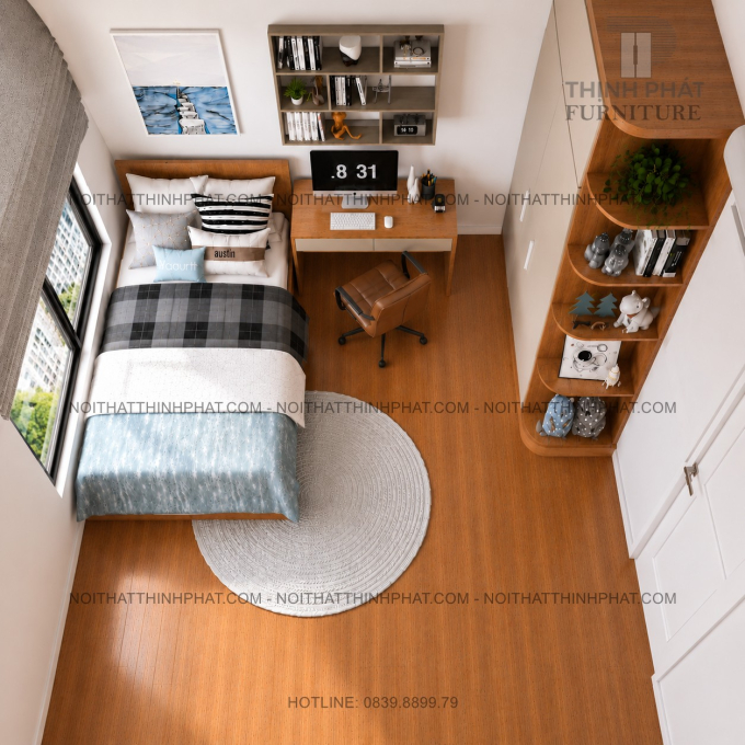 Combo Phòng Ngủ MDF Hiện Đại - Tủ Áo Cửa Lùa 2 Tầng Kết Hợp Kệ Trang Trí Bo Góc - PN06