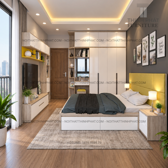 Combo Phòng Ngủ MDF Hiện Đại Có Tủ Áo Kịch Trần Kèm Bàn Trang Điểm Và Kệ TV Treo Tường - PN10