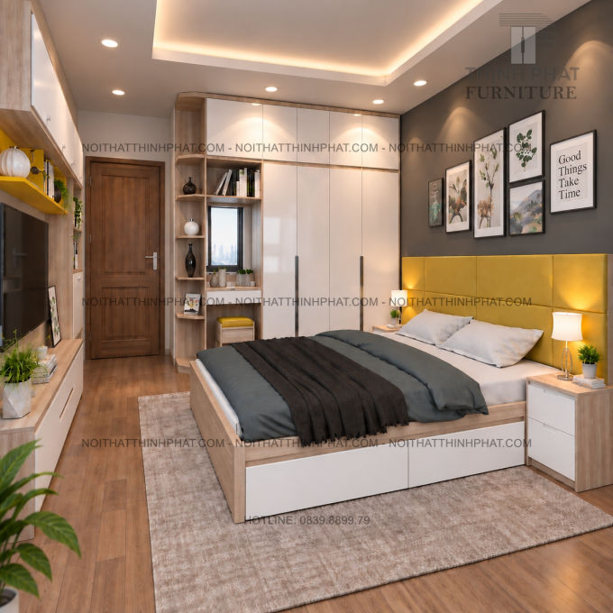 Combo Phòng Ngủ MDF Hiện Đại Có Tủ Áo Kịch Trần Kèm Bàn Trang Điểm Và Kệ TV Treo Tường - PN10