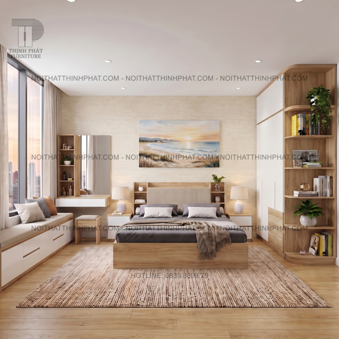 Combo Phòng Ngủ MDF Hiện Đại Tone Gỗ Sồi Phối Trắng Có Tủ Áo 2 Tầng Kèm Kệ Bo Góc Và Bàn Phấn Treo Tường - PN09