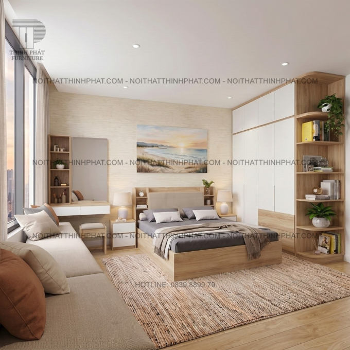 Combo Phòng Ngủ MDF Hiện Đại Tone Gỗ Sồi Phối Trắng Có Tủ Áo 2 Tầng Kèm Kệ Bo Góc Và Bàn Phấn Treo Tường - PN09