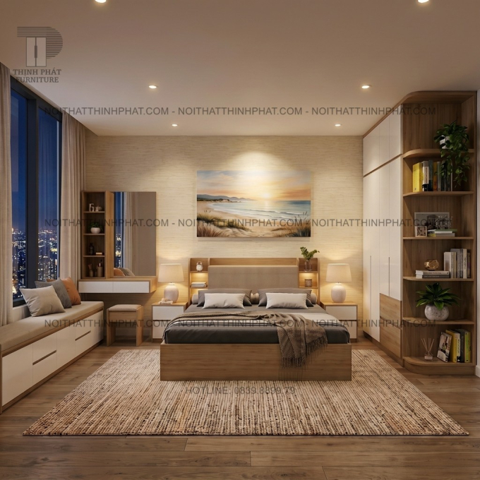 Combo Phòng Ngủ MDF Hiện Đại Tone Gỗ Sồi Phối Trắng Có Tủ Áo 2 Tầng Kèm Kệ Bo Góc Và Bàn Phấn Treo Tường - PN09