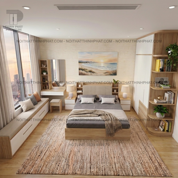 Combo Phòng Ngủ MDF Hiện Đại Tone Gỗ Sồi Phối Trắng Có Tủ Áo 2 Tầng Kèm Kệ Bo Góc Và Bàn Phấn Treo Tường - PN09