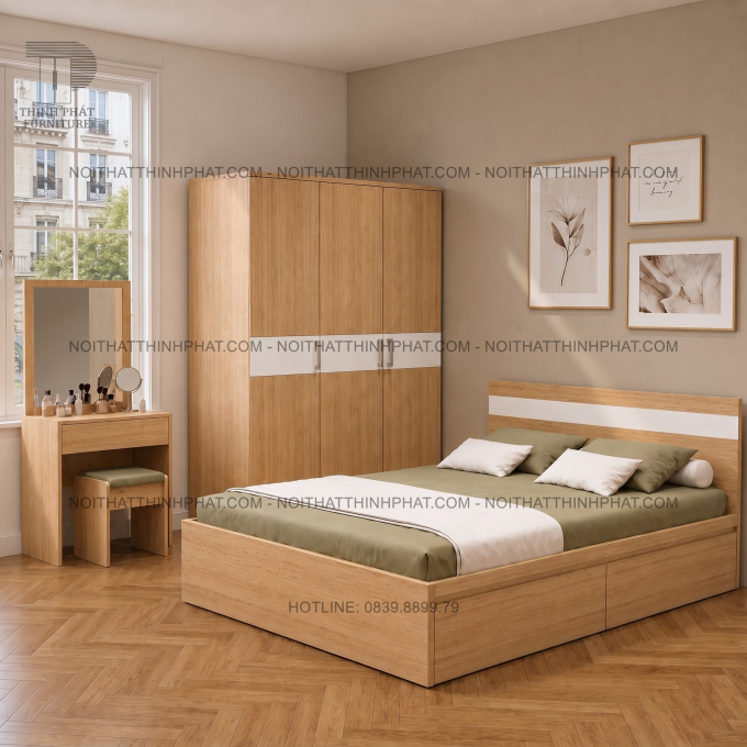 Combo Phòng Ngủ MDF Hiện Đại Tone Gỗ Sồi Phối Trắng Có Tủ Áo 3 Cánh, Giường Ngủ Và Bàn Phấn - PN08