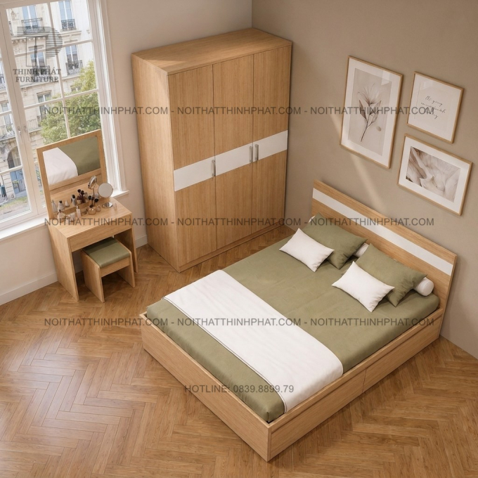Combo Phòng Ngủ MDF Hiện Đại Tone Gỗ Sồi Phối Trắng Có Tủ Áo 3 Cánh, Giường Ngủ Và Bàn Phấn - PN08
