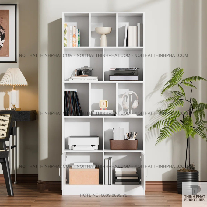 Giá Sách Đứng Chia Ngăn Sáng Tạo, Kèm Tủ Tiện Dụng, Màu Trắng Nhã Nhặn TS10