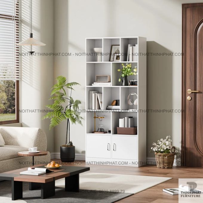 Giá Sách Đứng Chia Ngăn Sáng Tạo, Kèm Tủ Tiện Dụng, Màu Trắng Nhã Nhặn TS10