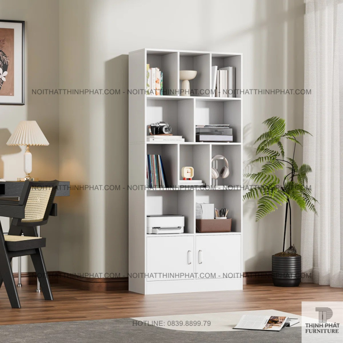 Giá Sách Đứng Chia Ngăn Sáng Tạo, Kèm Tủ Tiện Dụng, Màu Trắng Nhã Nhặn TS10