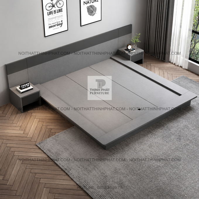 Giường Ngủ Bệt MDF Màu Xám Đầu Giường Rộng GN22